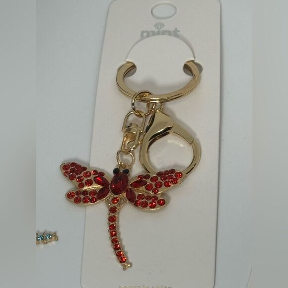 BAG CHARM Red Crystal Dragonfly Keychain Charm -  Gold Accent - Picture 2 of 4